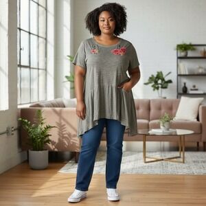 Lane Bryant Mineral Wash Embroidered‎ Rose Lagenlook Tunic Top 22/24 Plus Size